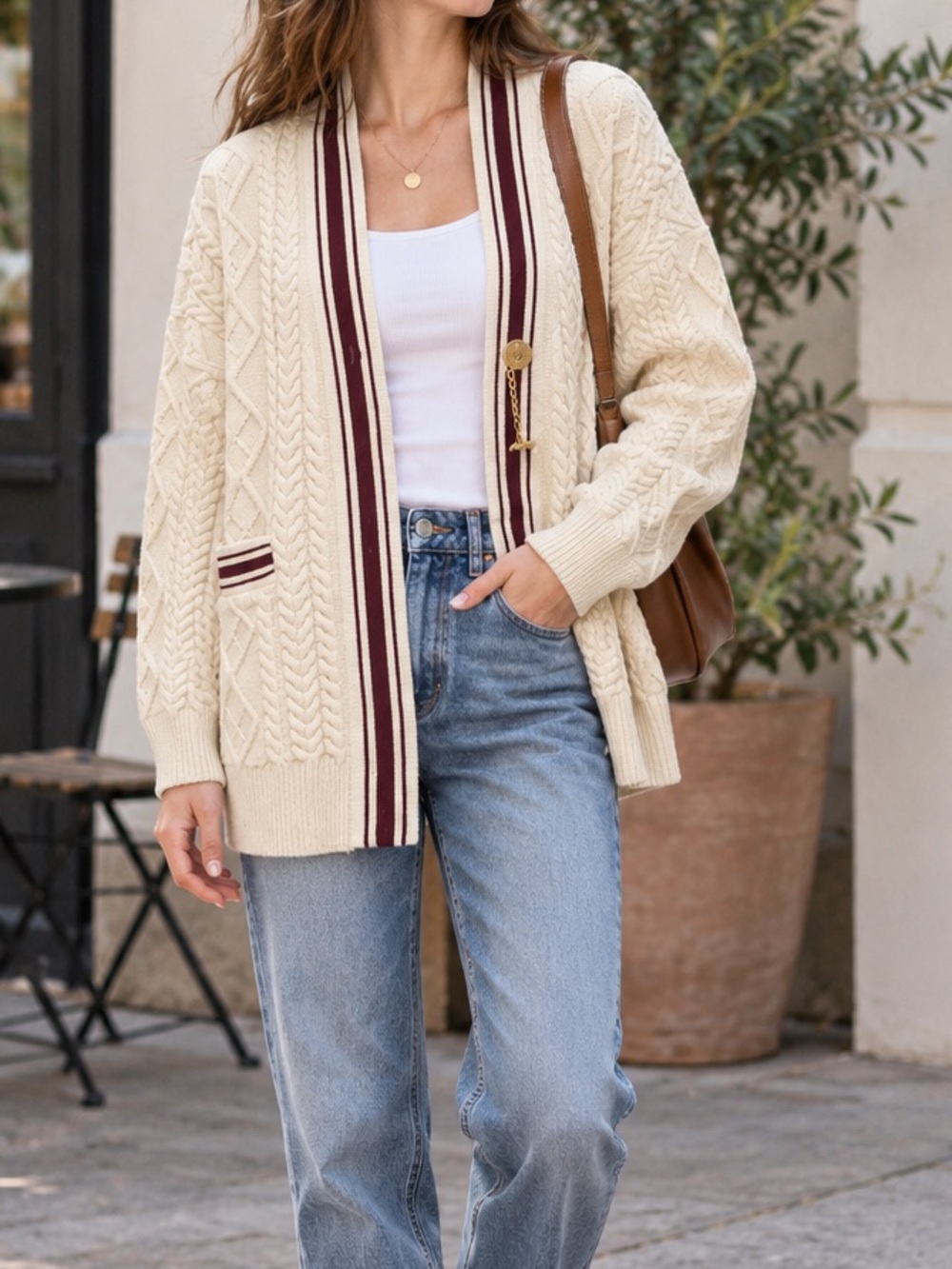 Sandro Cream Cable-Knit Cardigan with Burgundy Stripe Trim and Gold Chain Button